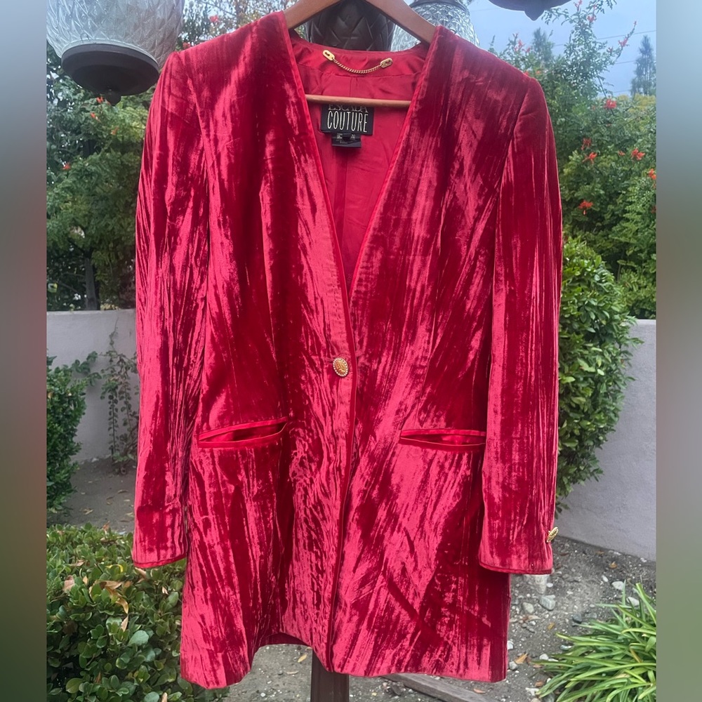 Vtg. ESCADA COUTURE Red Striped Velvet Blazer